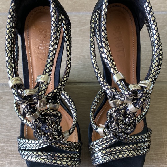 Schutz Black Wedges with Metallic Gold Woven Detail Size: 8.5 - Picture 2 of 6